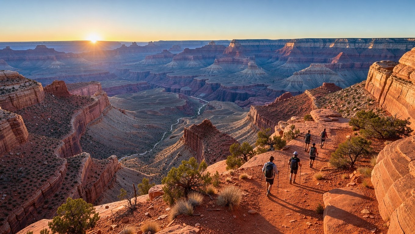 Hikers silhouetted on a high red rock trail in southern Utah at sunrise above a vast canyon