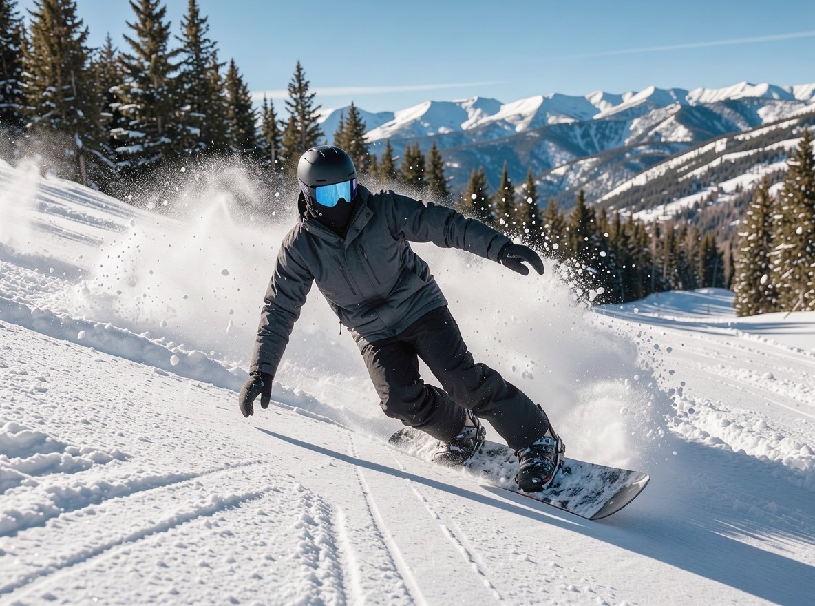 A snowboarder carving through fresh powder snow on a sunny Utah resort slope with pine trees behind