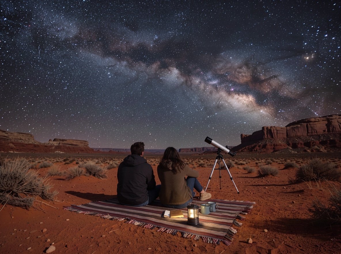 Two people stargazing beside a telescope under the Milky Way in the Utah desert at night