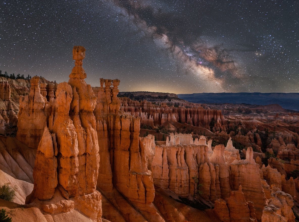 The Milky Way arching over silhouetted hoodoos and pine trees at Bryce Canyon