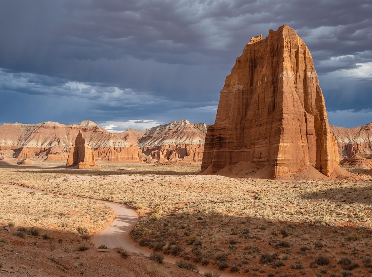 Enormous sandstone monoliths rising from a pale desert valley floor in Cathedral Valley, Capitol Reef