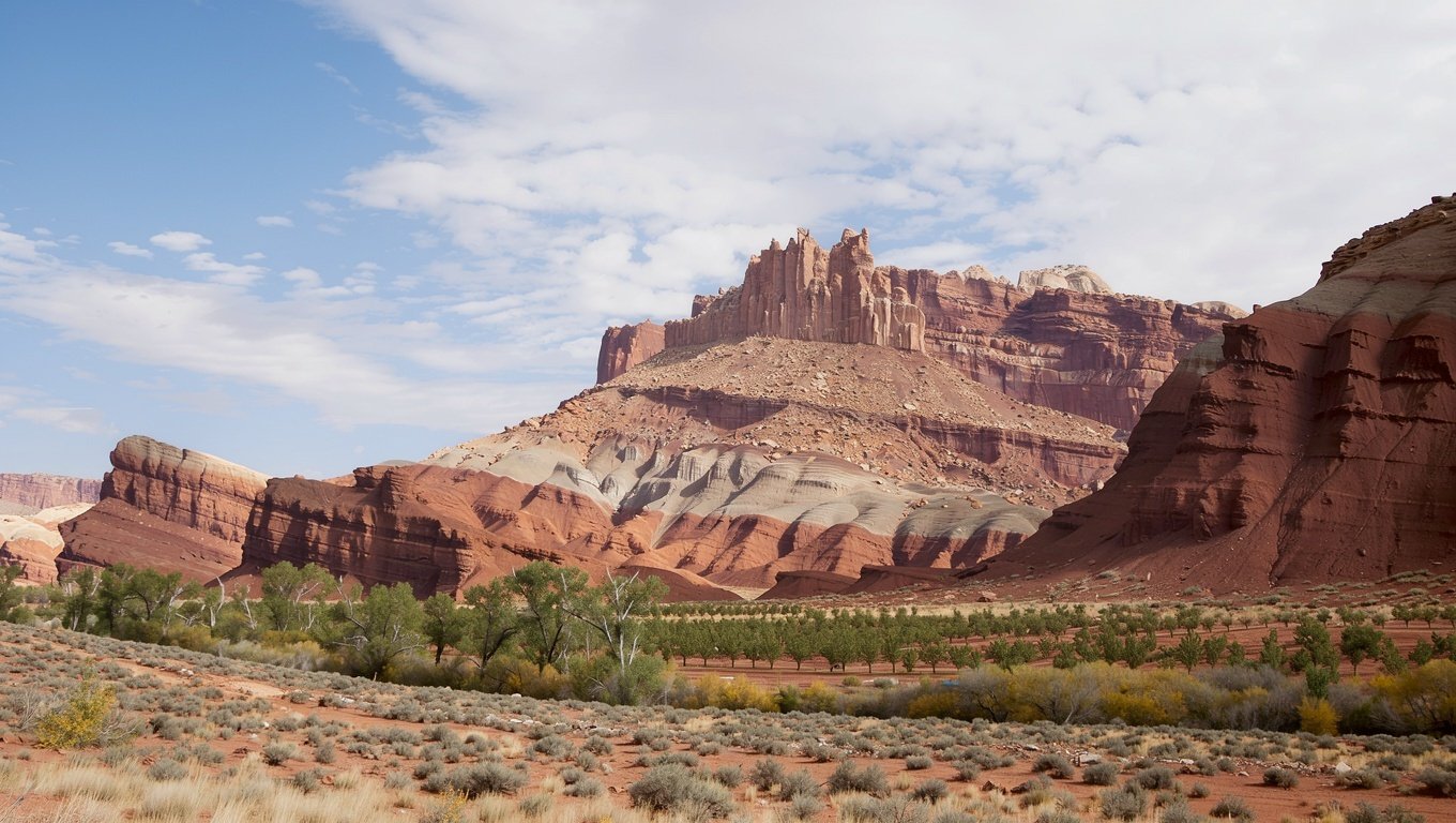 Tilted cream, grey and rust sandstone cliffs of the Waterpocket Fold in Capitol Reef National Park