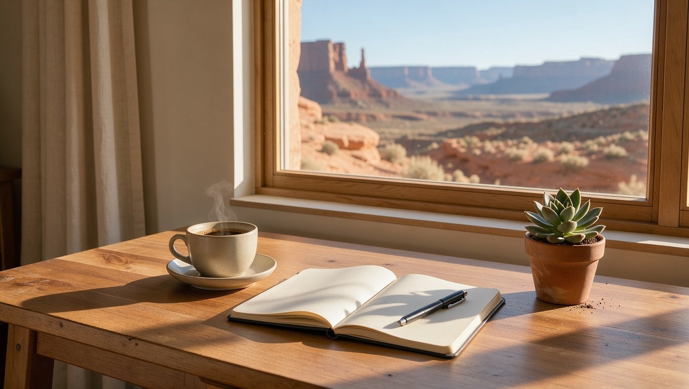 A wooden desk beside a window with a notebook, coffee and a view of red Utah canyon country