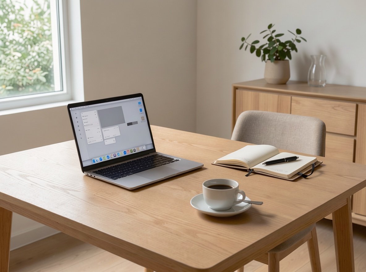 A laptop, notebook and coffee on a light oak table near a window with soft daylight