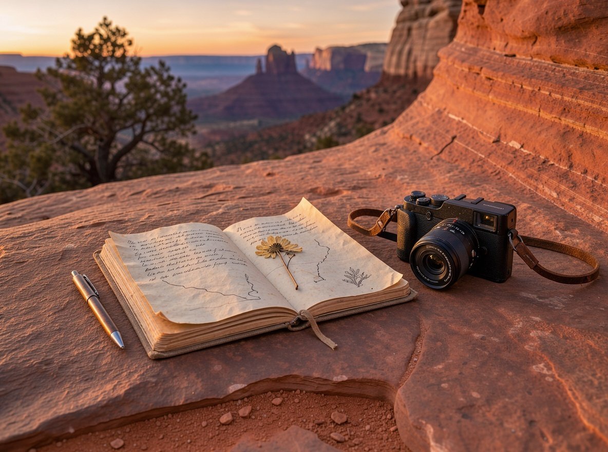 A travel journal and camera resting on red slickrock at sunset in Utah