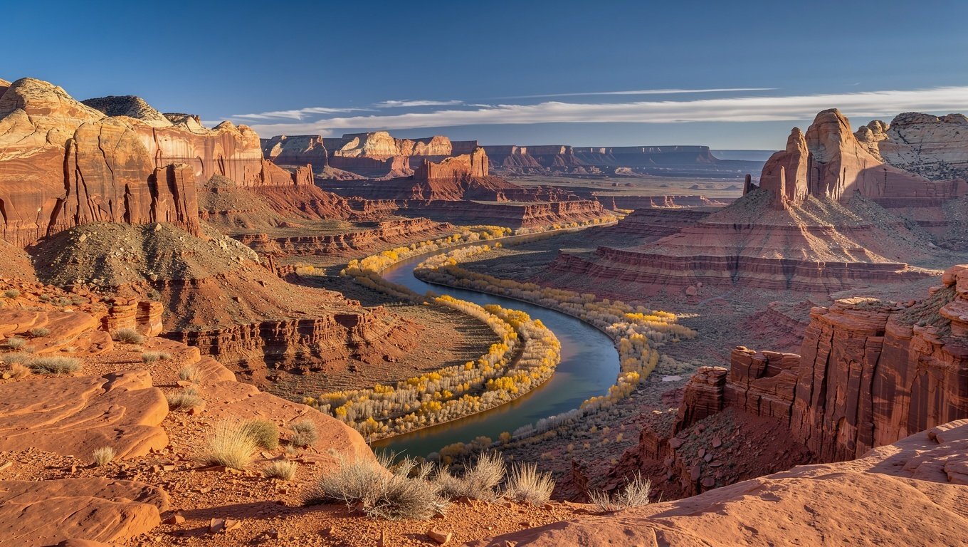 Red sandstone cliffs and a river winding through canyon country in southern Utah at golden hour