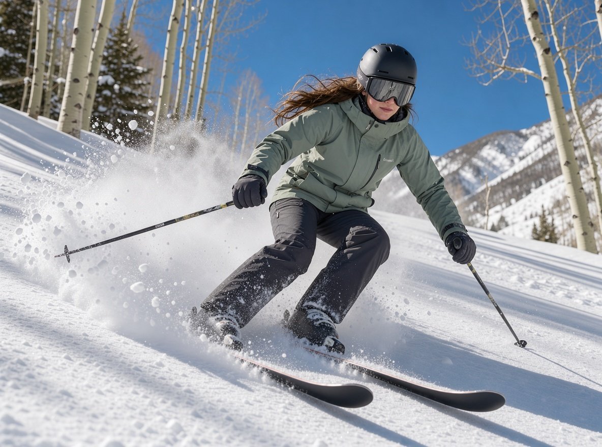 A skier throwing up cold smoke while skiing deep powder on a sunny Wasatch mountain slope