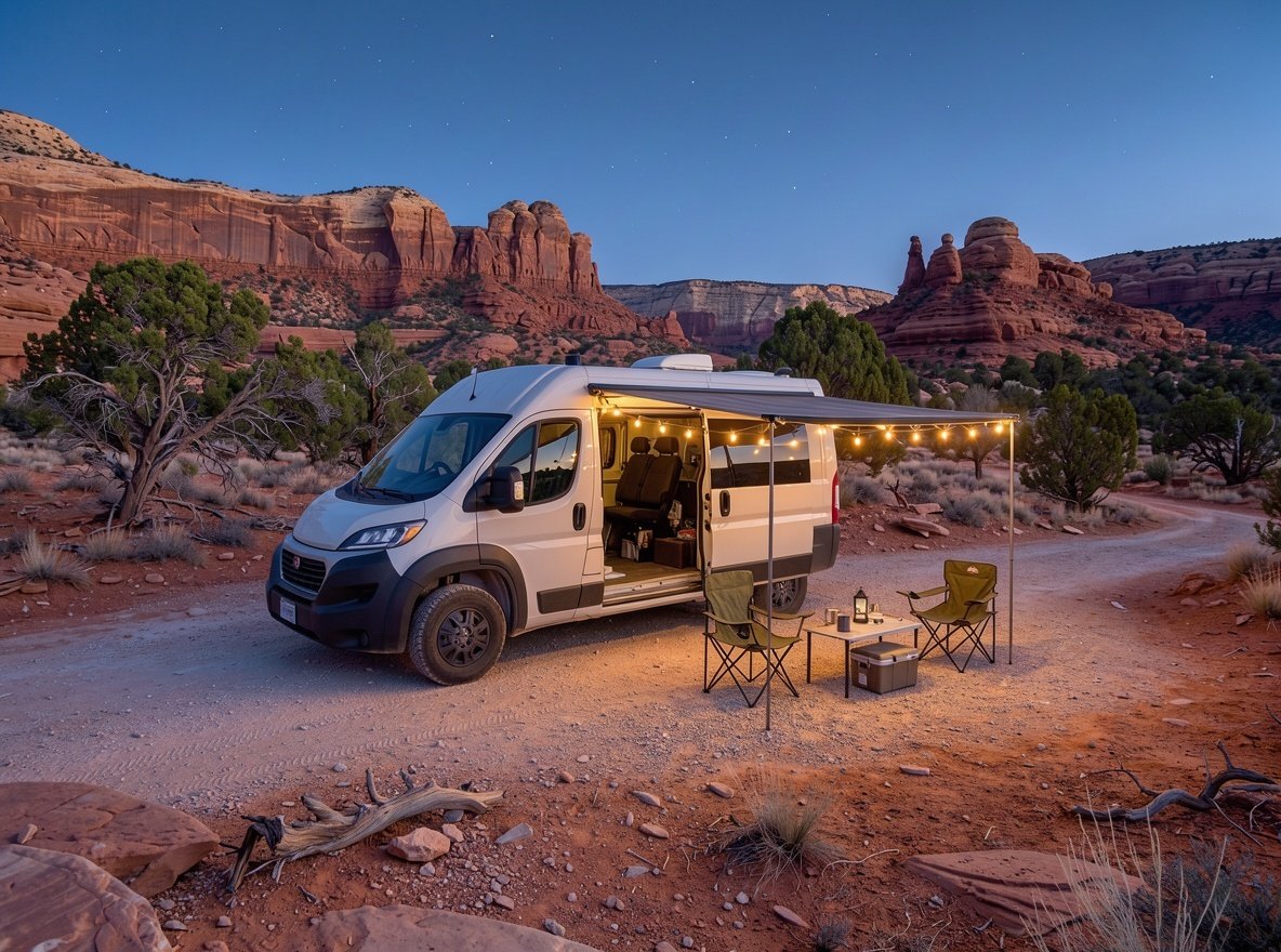 A camper van parked at a desert campsite in southern Utah at dusk with warm string lights