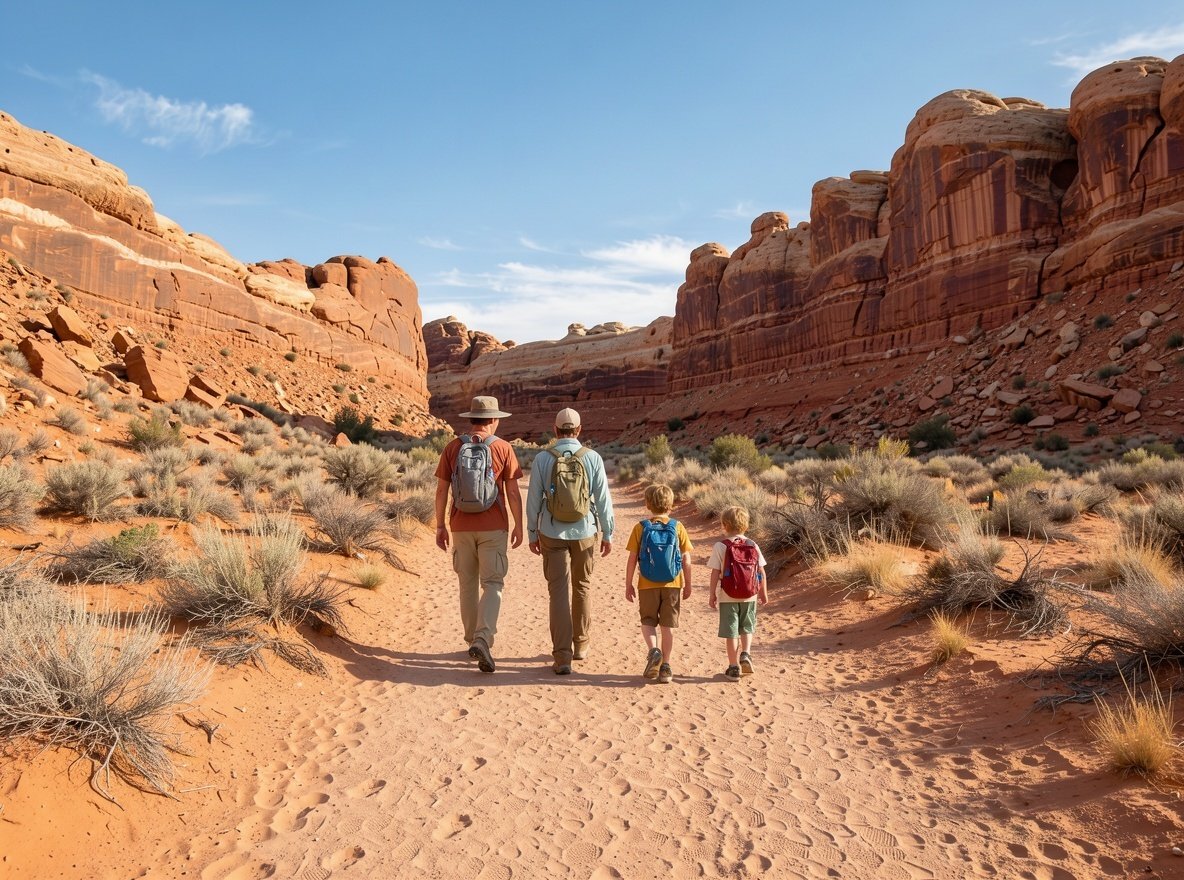 A family walking a flat sandy trail between red sandstone formations in southern Utah