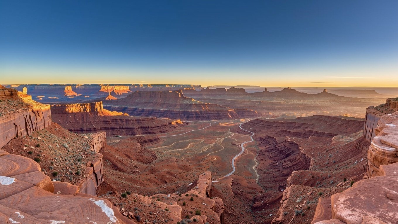 Sunrise over layered red mesas and buttes in Utah canyon country from a high overlook