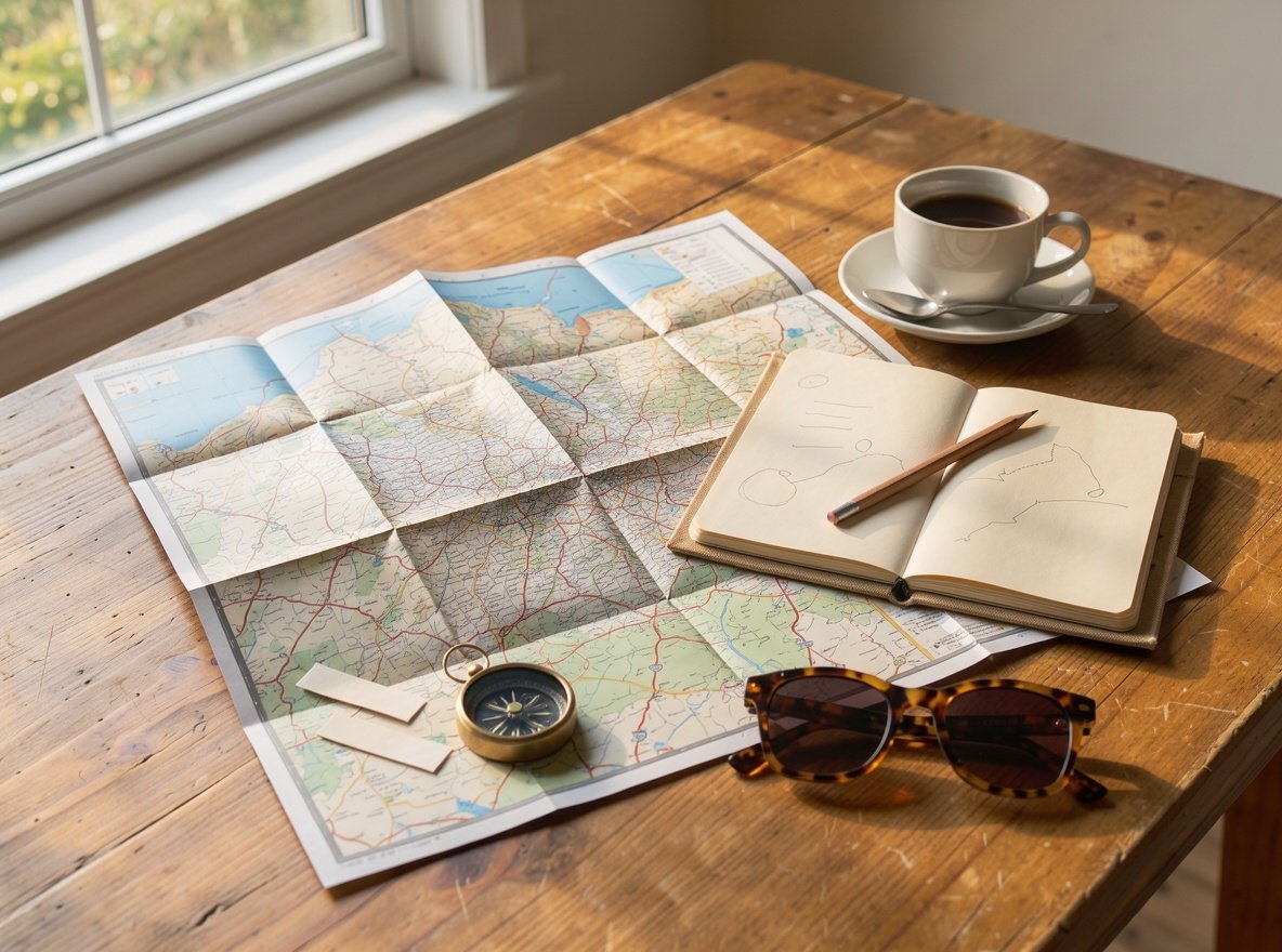 A paper road map, notebook and coffee on a wooden table in warm morning light