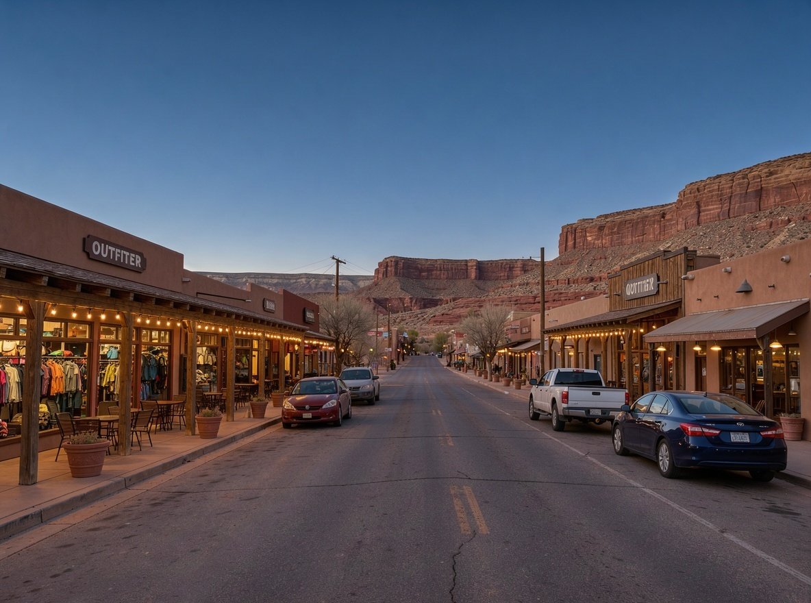 Moab's main street at dusk with warm lights on outfitter shops and red cliffs behind the town