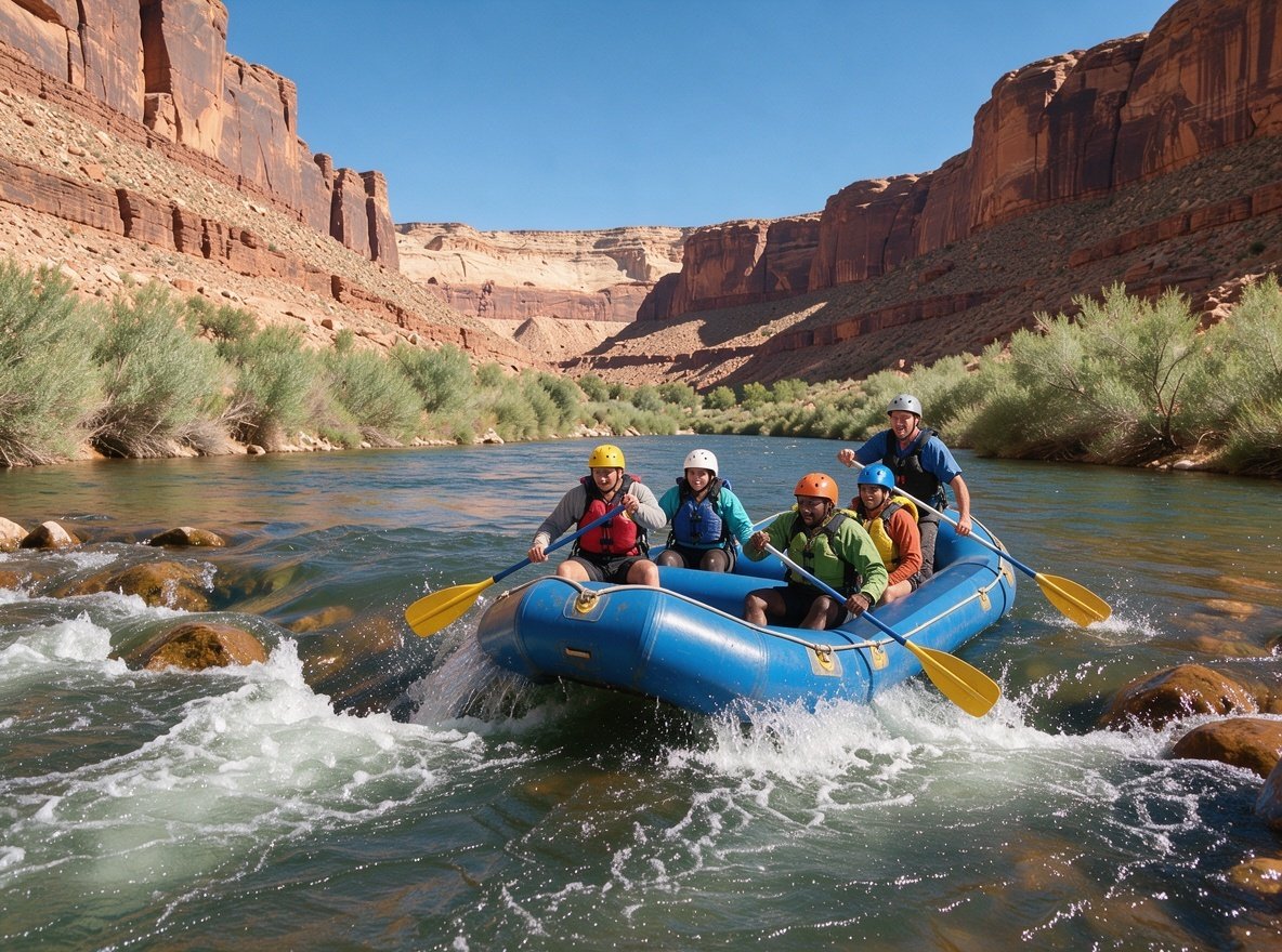 A group rafting a mild rapid on the Colorado River near Moab with red canyon walls on both sides