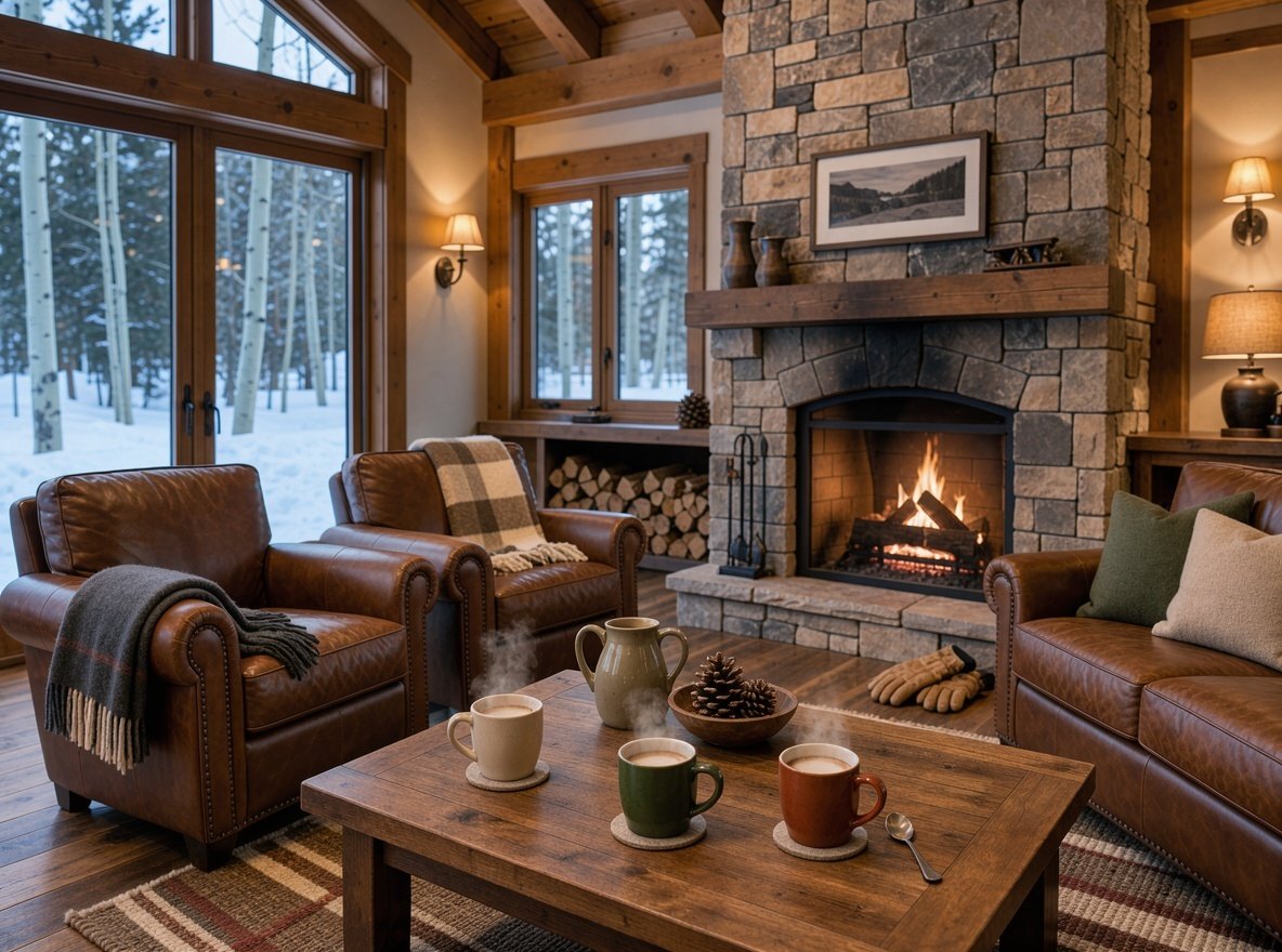 A warm timber lodge interior with a stone fireplace and snowy aspen trees visible through large windows
