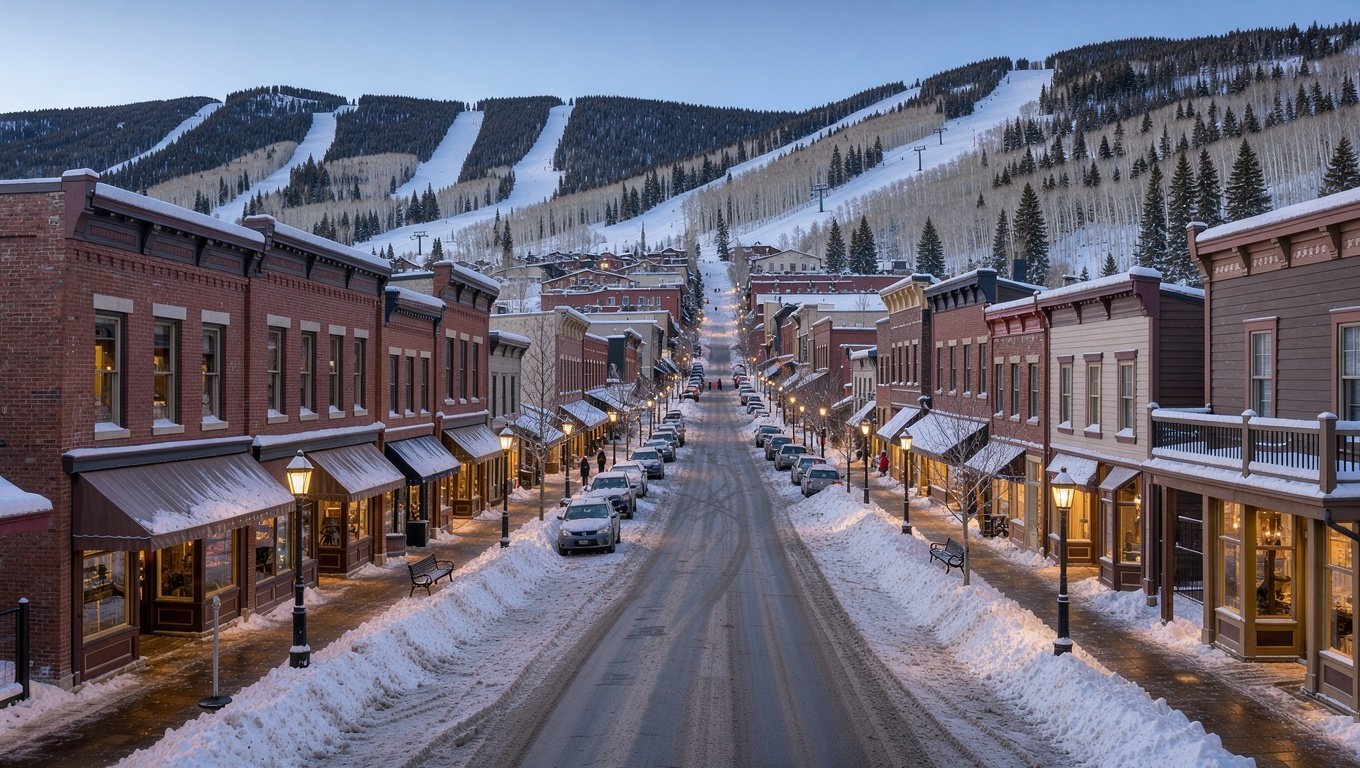 Historic Main Street in Park City, Utah at twilight, snow-covered and lit with warm lights below ski slopes