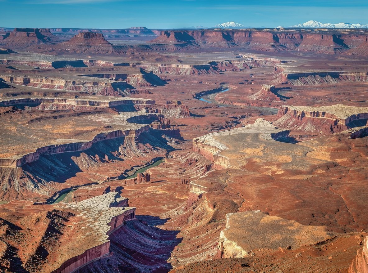 The Green River winding through layered ochre and crimson canyon walls in the Maze district of Canyonlands