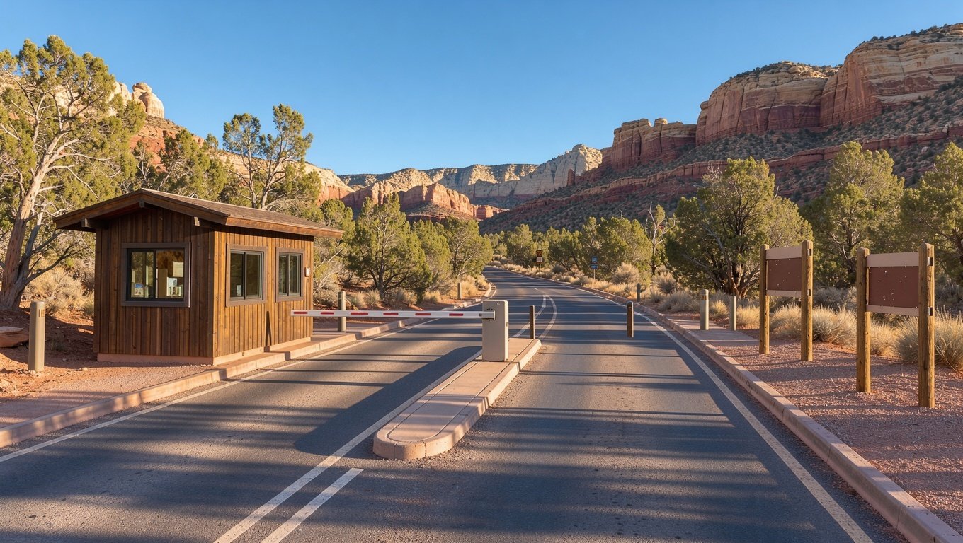 A national park entrance station lane leading toward red rock cliffs in early morning light in Utah