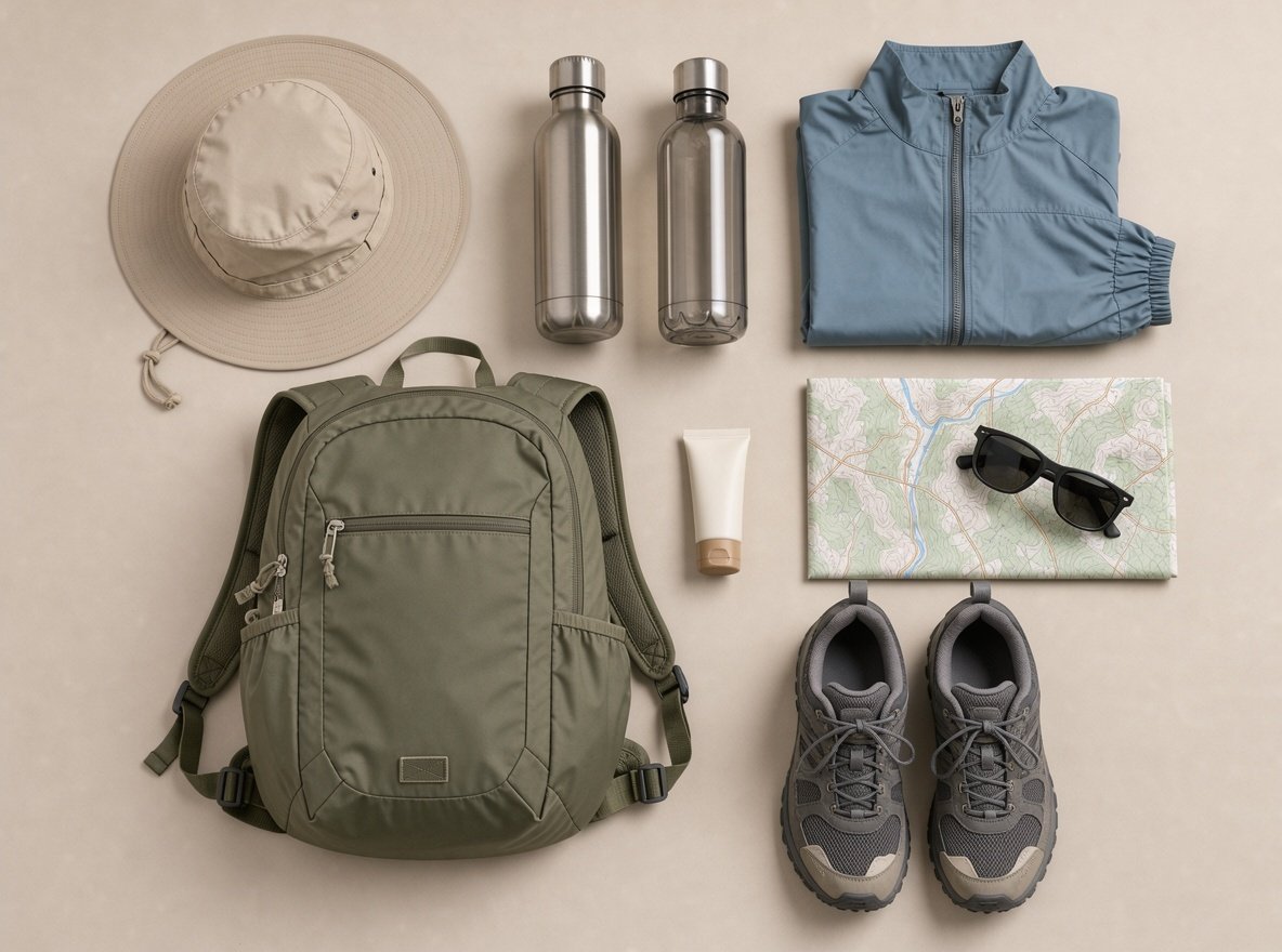 Hiking daypack, water bottles, sun hat, sunscreen and trail shoes arranged as a flat lay on a neutral background