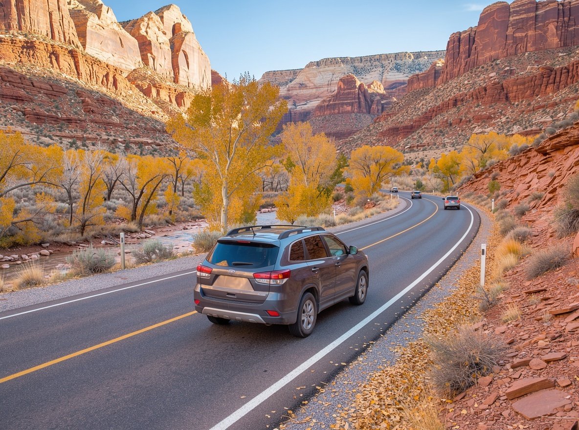 An SUV driving a scenic paved byway through Utah red rock country in autumn with golden trees