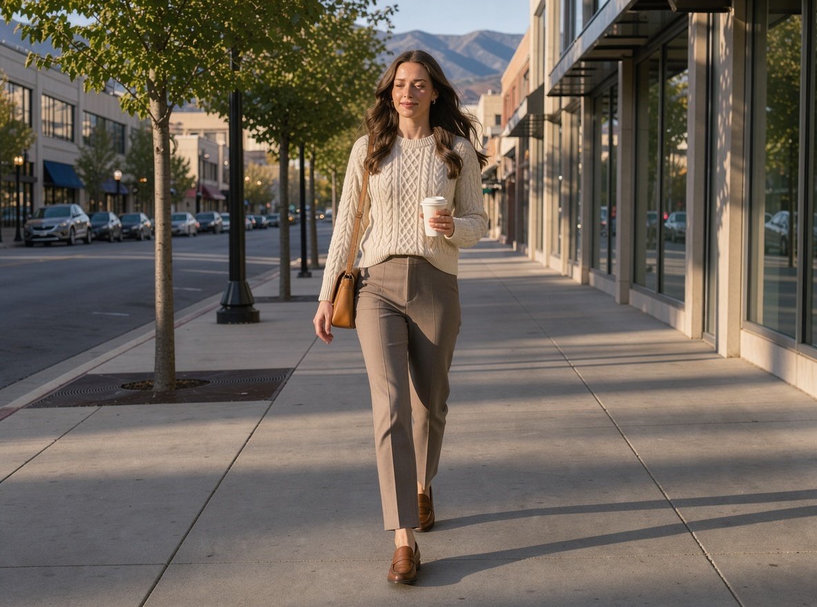 A traveller walking a tree-lined downtown street in Salt Lake City with mountains at the end of the road