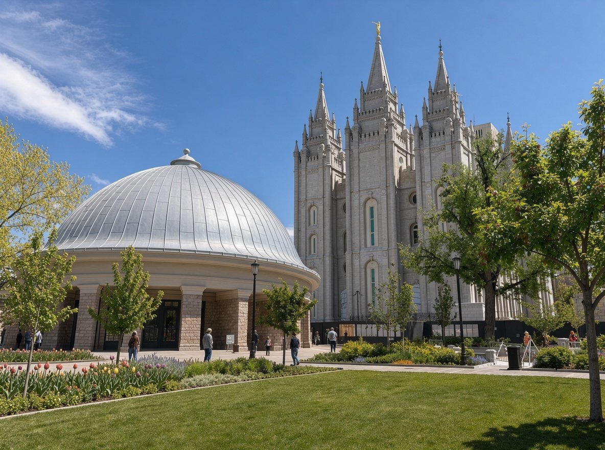 The historic granite Salt Lake Temple with its tall spires and flower beds in Temple Square