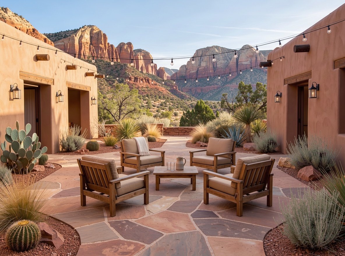 A desert lodge courtyard in Springdale with adobe walls and chairs overlooking red cliffs
