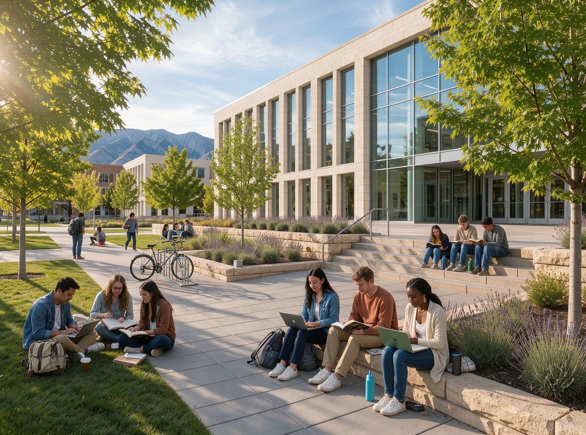 A modern university library and study quad with students sitting on the steps in Utah
