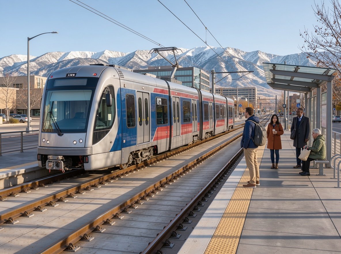 A light rail train stopped at a modern city station in Salt Lake City with mountains behind