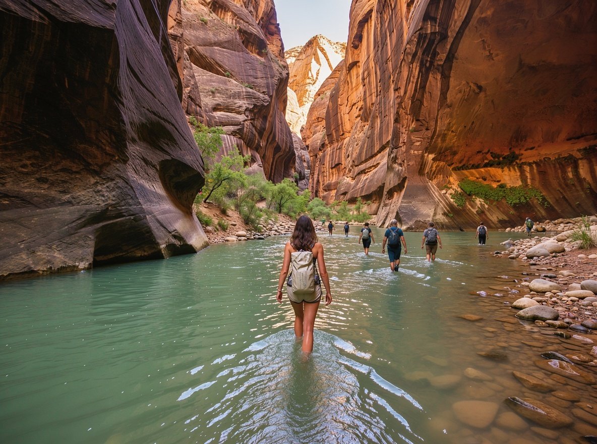 Hikers wading thigh-deep in the jade green water of the Narrows between towering canyon walls