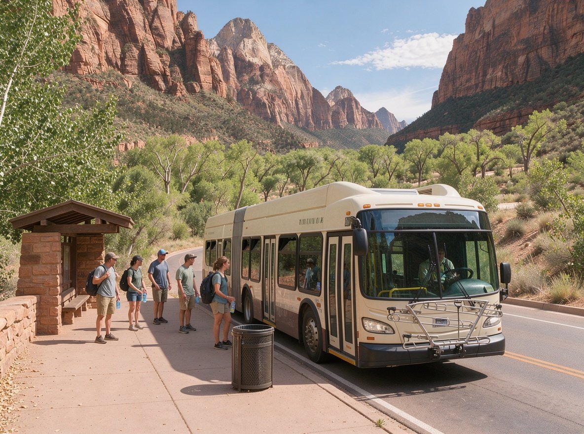 The Zion Canyon shuttle bus stopped at a shaded stone shelter with visitors waiting